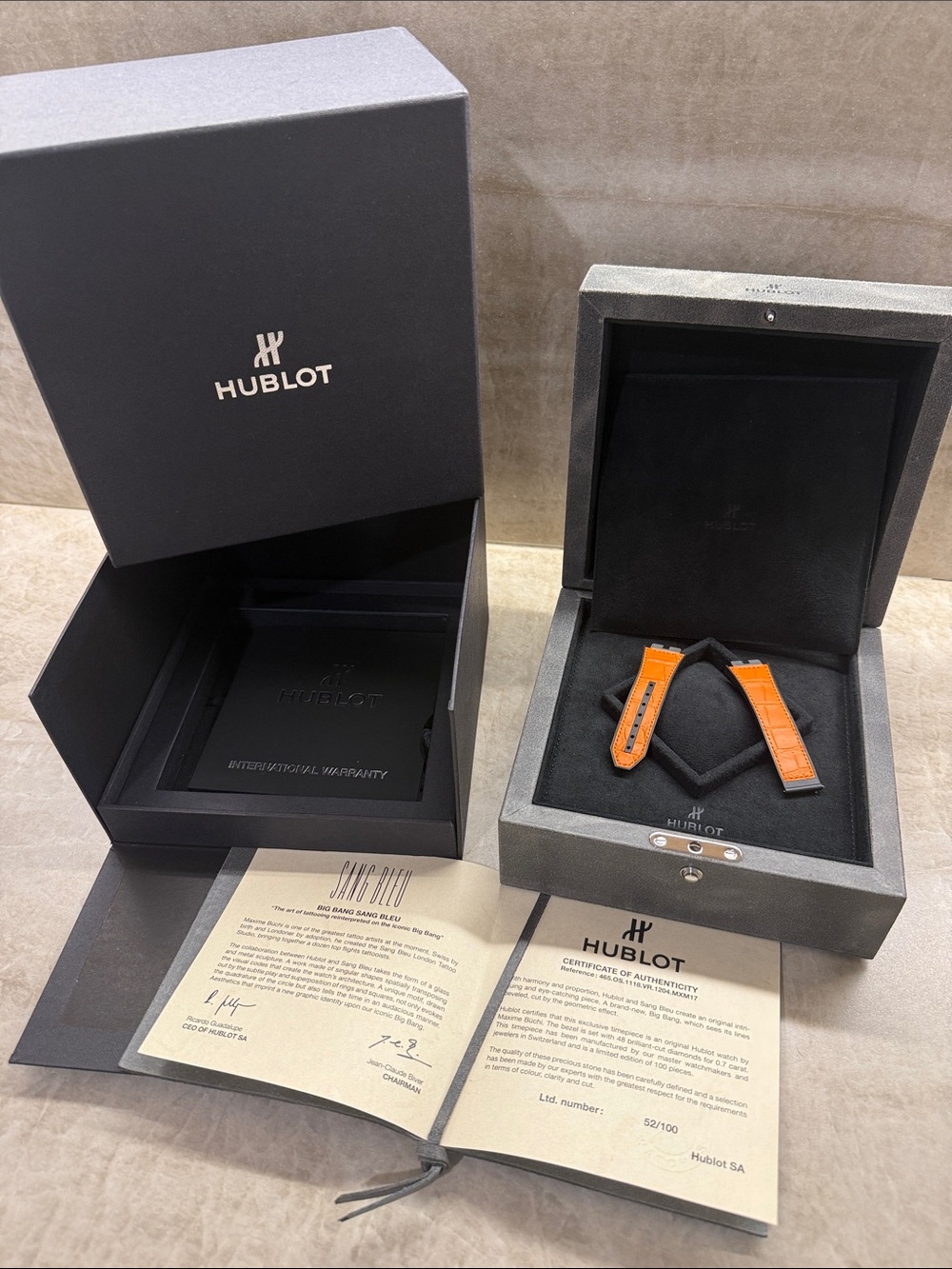 HUBLOT Gray Suede Sang Bleu Collector Watch Case w/ Croc Strap & Original Papers